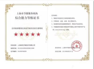 安悅節能喜獲上海市節能服務機構綜合能力五星等級認證